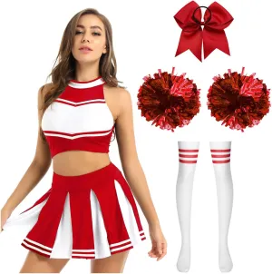 Hularka Women's Cheerleading Uniforms Striped Crop Top with Pleated Mini Skirts Accessories