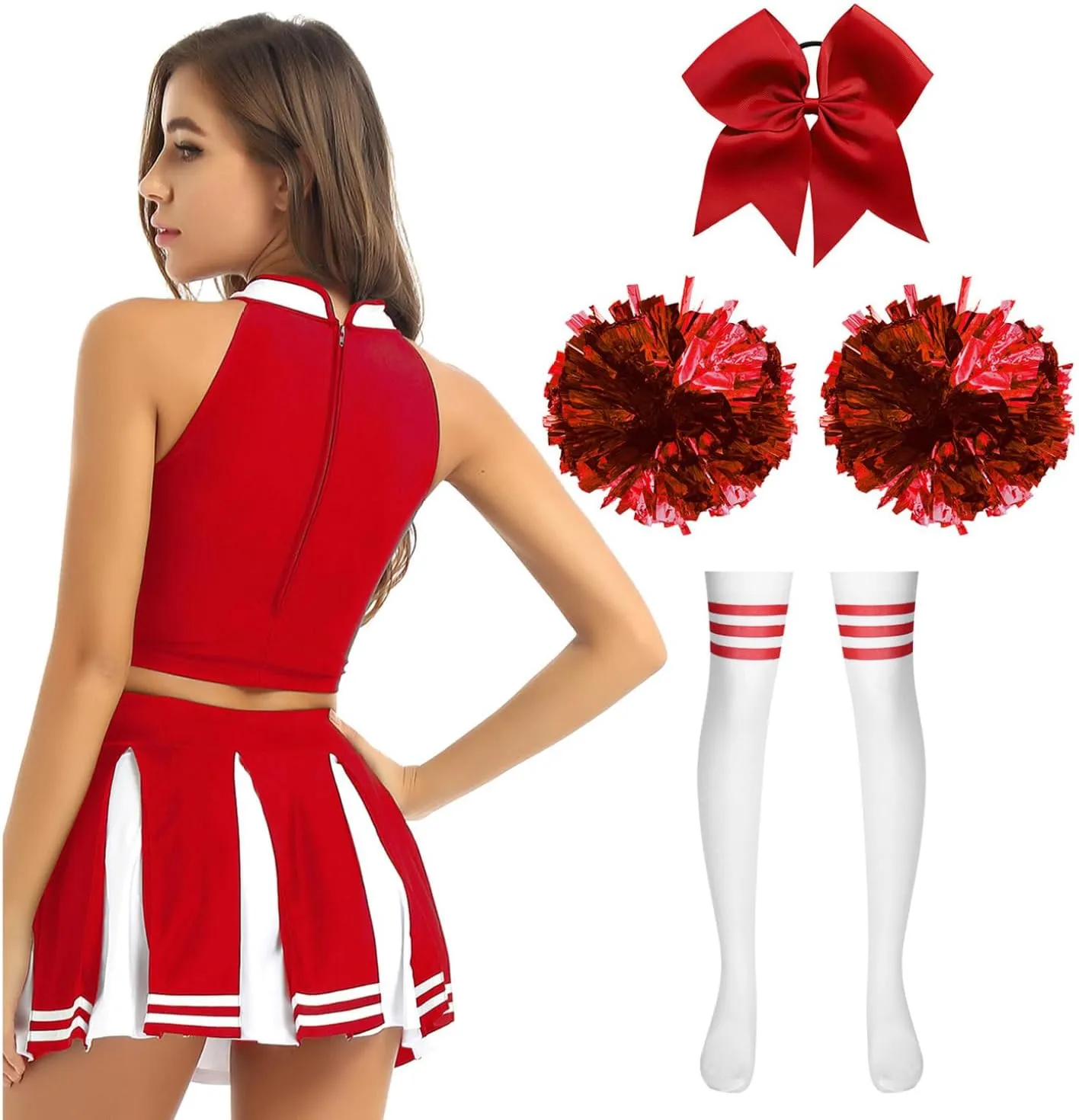 Hularka Women's Cheerleading Uniforms Striped Crop Top with Pleated Mini Skirts Accessories