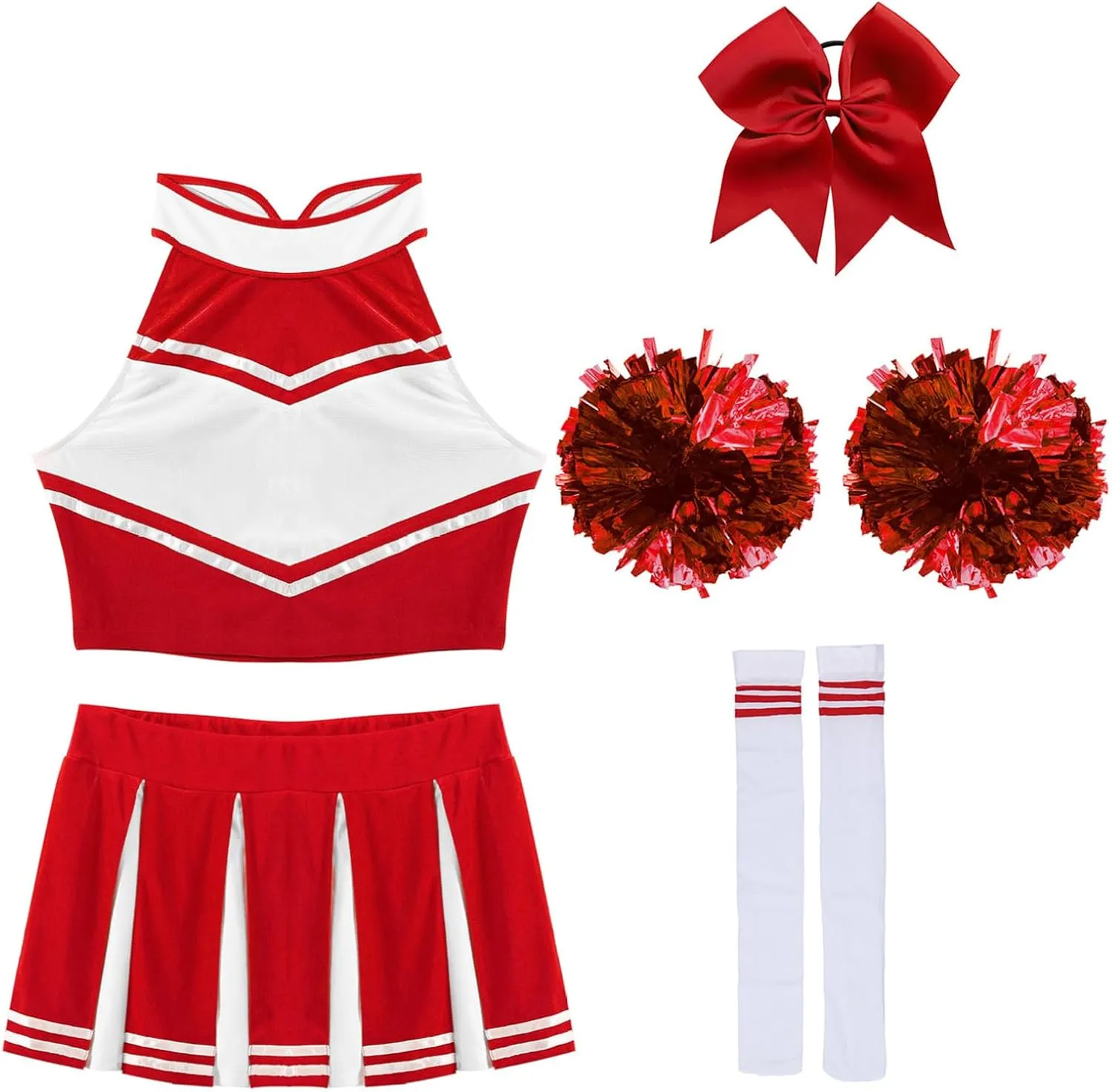 Hularka Women's Cheerleading Uniforms Striped Crop Top with Pleated Mini Skirts Accessories