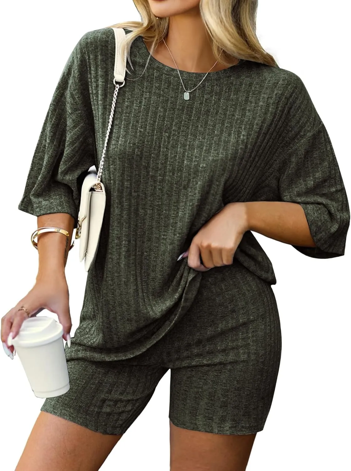IN'VOLAND Women's Plus Size 2 Piece Tracksuit Outfits Sets Ribbed Knit Sets Short Sleeve Top Drawstring Casual Shorts Set