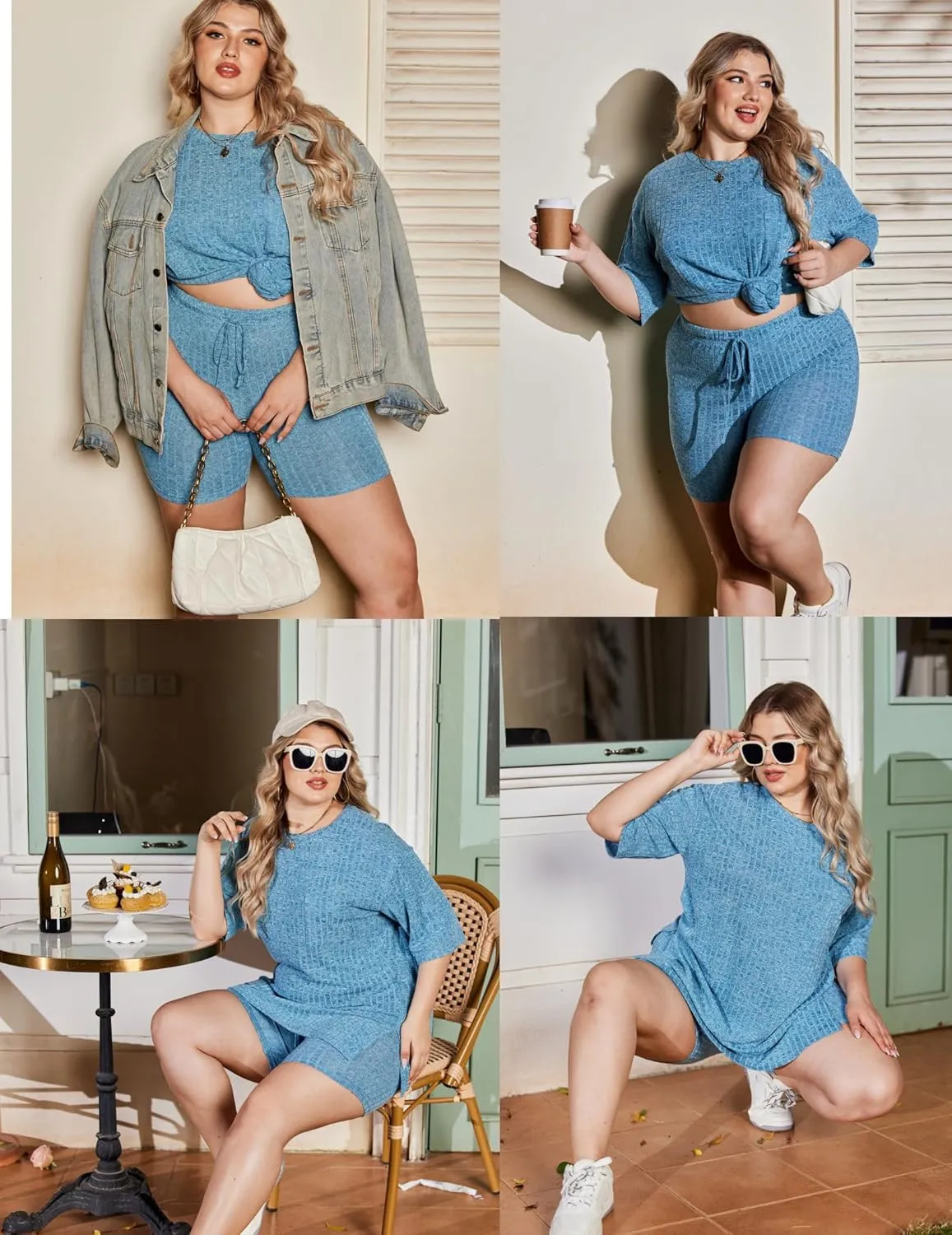 IN'VOLAND Women's Plus Size 2 Piece Tracksuit Outfits Sets Ribbed Knit Sets Short Sleeve Top Drawstring Casual Shorts Set