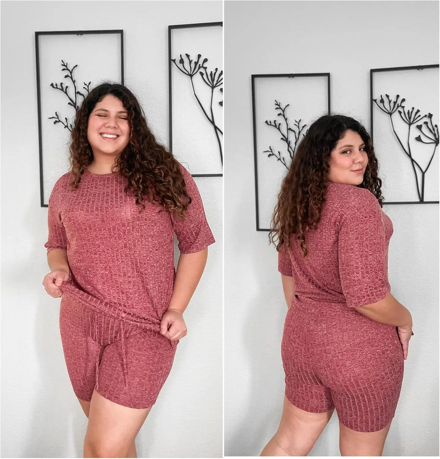 IN'VOLAND Women's Plus Size 2 Piece Tracksuit Outfits Sets Ribbed Knit Sets Short Sleeve Top Drawstring Casual Shorts Set