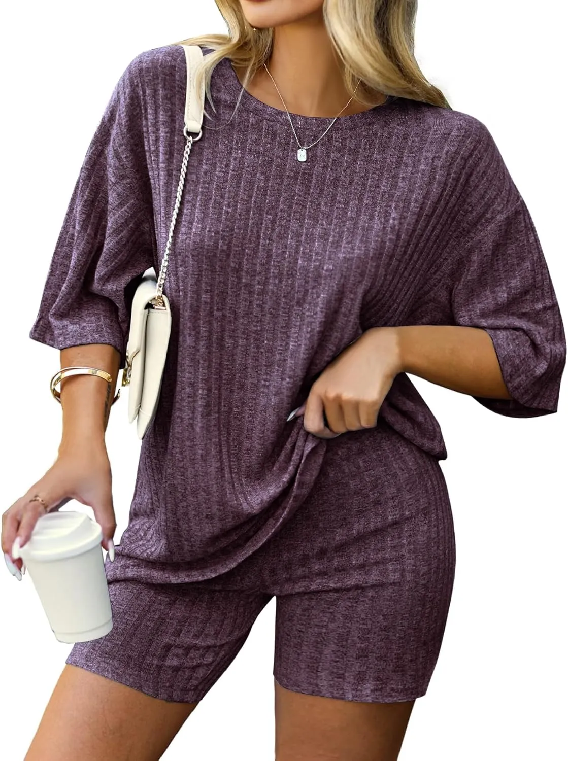IN'VOLAND Women's Plus Size 2 Piece Tracksuit Outfits Sets Ribbed Knit Sets Short Sleeve Top Drawstring Casual Shorts Set