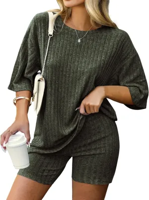 IN'VOLAND Women's Plus Size 2 Piece Tracksuit Outfits Sets Ribbed Knit Sets Short Sleeve Top Drawstring Casual Shorts Set