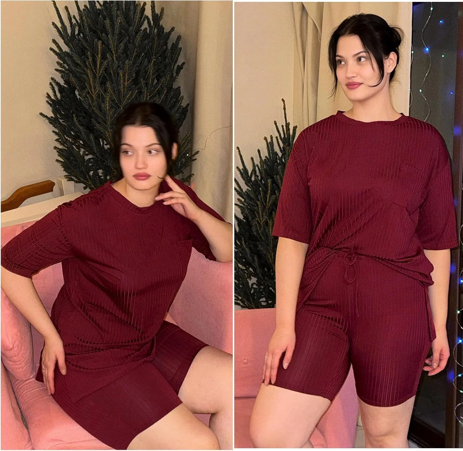 IN'VOLAND Women's Plus Size 2 Piece Tracksuit Outfits Sets Ribbed Knit Sets Short Sleeve Top Drawstring Casual Shorts Set