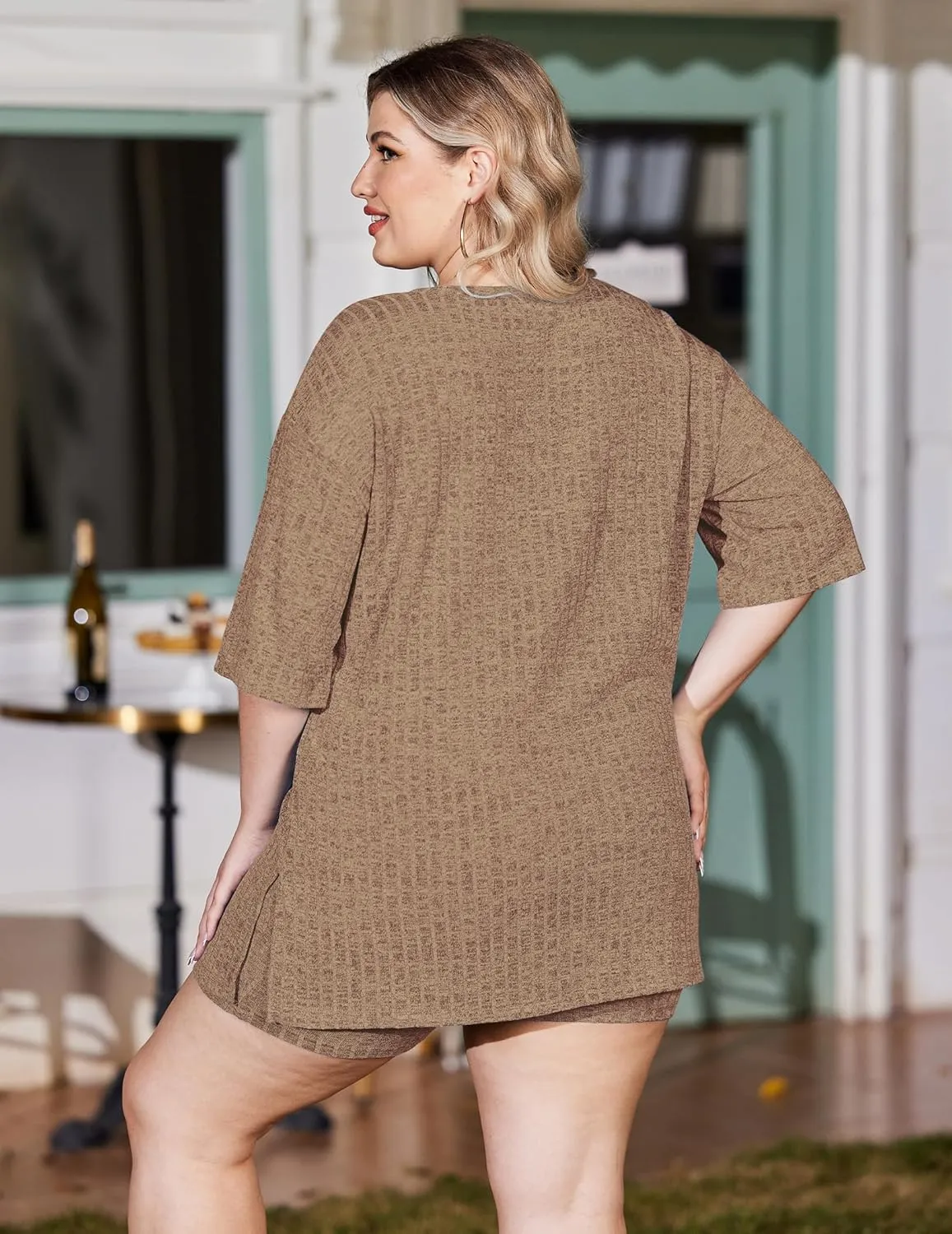 IN'VOLAND Women's Plus Size 2 Piece Tracksuit Outfits Sets Ribbed Knit Sets Short Sleeve Top Drawstring Casual Shorts Set