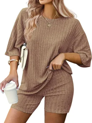IN'VOLAND Women's Plus Size 2 Piece Tracksuit Outfits Sets Ribbed Knit Sets Short Sleeve Top Drawstring Casual Shorts Set