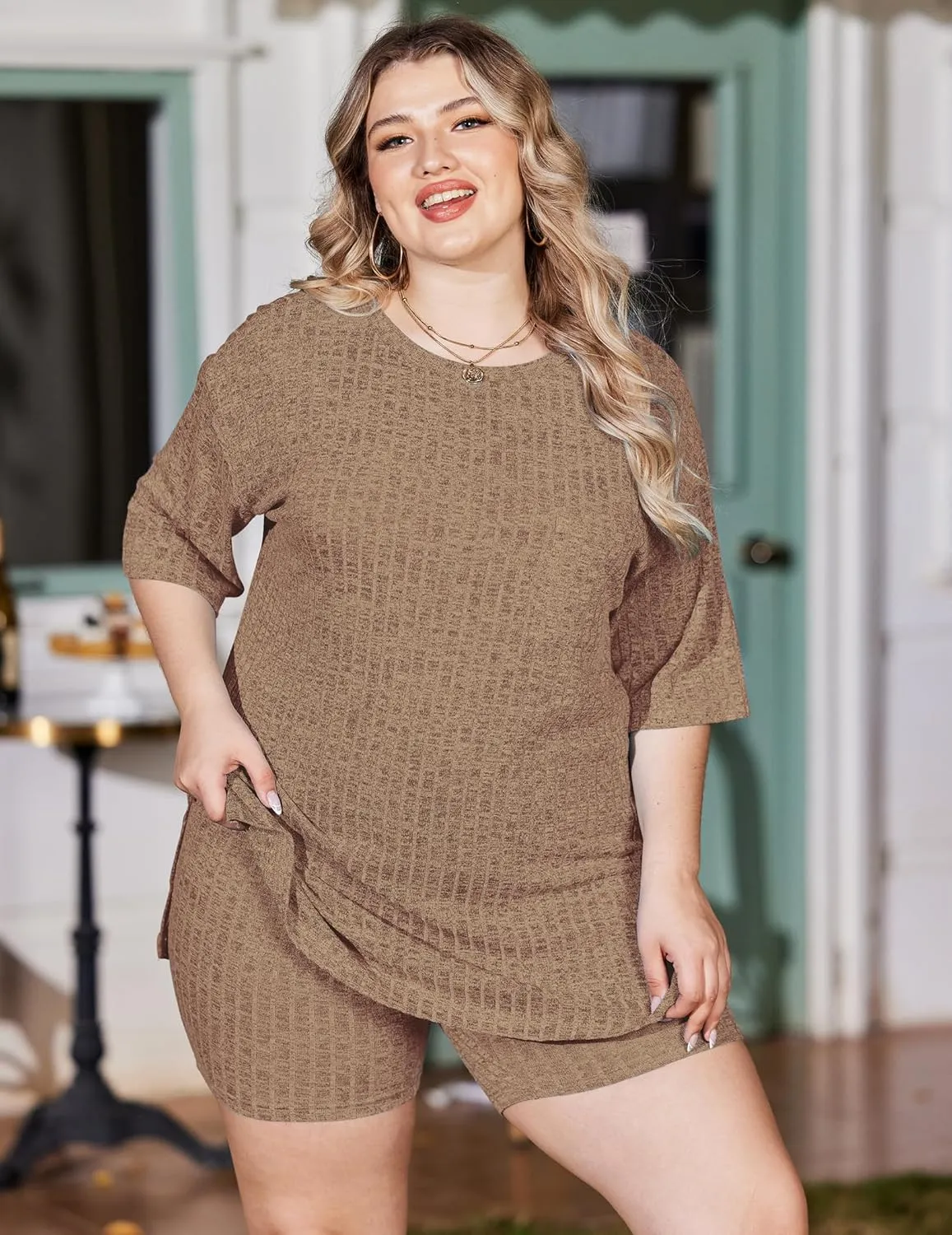 IN'VOLAND Women's Plus Size 2 Piece Tracksuit Outfits Sets Ribbed Knit Sets Short Sleeve Top Drawstring Casual Shorts Set