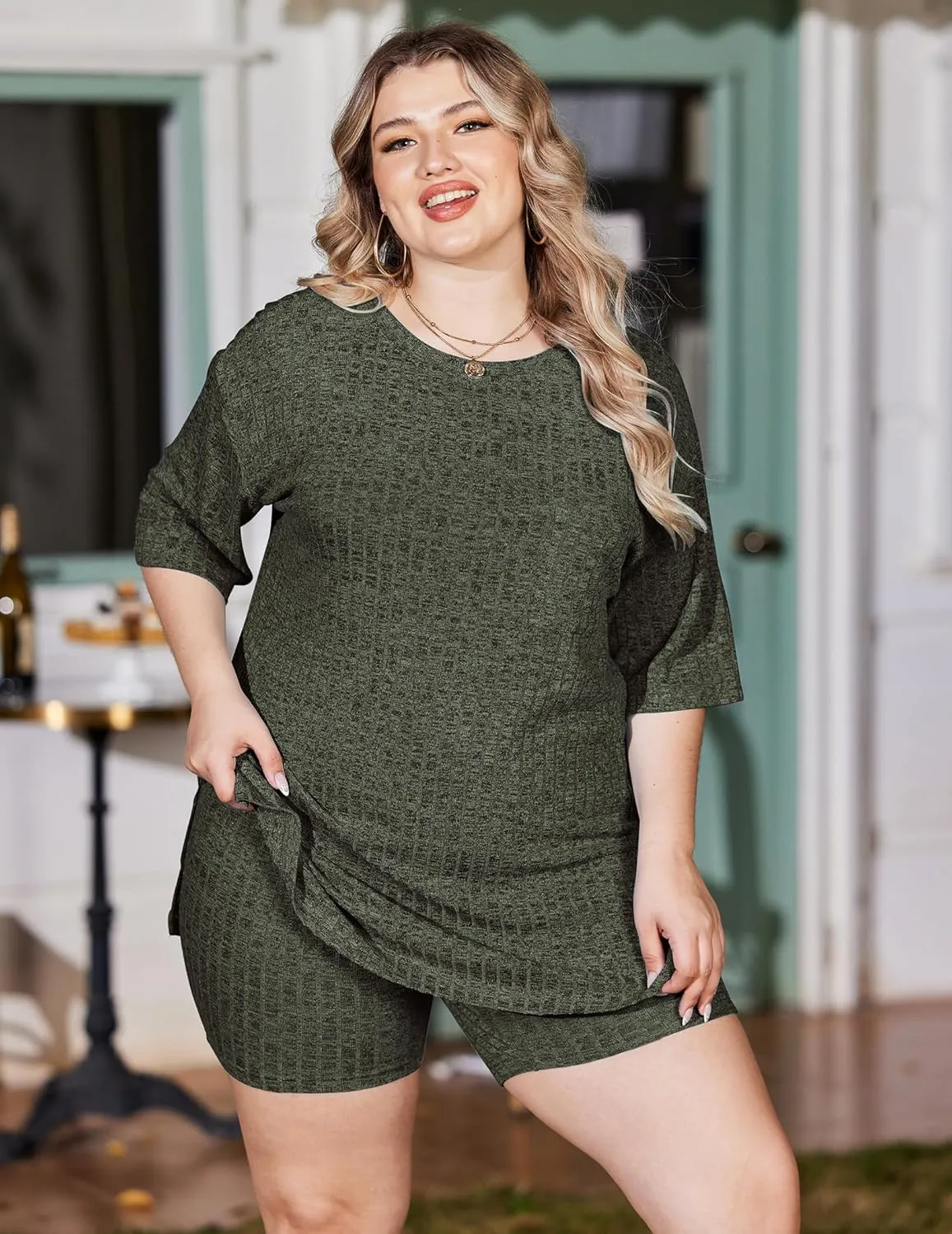 IN'VOLAND Women's Plus Size 2 Piece Tracksuit Outfits Sets Ribbed Knit Sets Short Sleeve Top Drawstring Casual Shorts Set