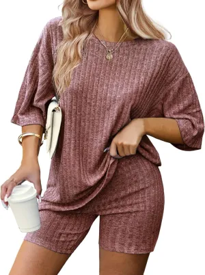 IN'VOLAND Women's Plus Size 2 Piece Tracksuit Outfits Sets Ribbed Knit Sets Short Sleeve Top Drawstring Casual Shorts Set