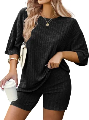 IN'VOLAND Women's Plus Size 2 Piece Tracksuit Outfits Sets Ribbed Knit Sets Short Sleeve Top Drawstring Casual Shorts Set