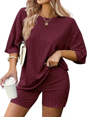 IN'VOLAND Women's Plus Size 2 Piece Tracksuit Outfits Sets Ribbed Knit Sets Short Sleeve Top Drawstring Casual Shorts Set