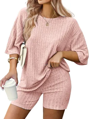 IN'VOLAND Women's Plus Size 2 Piece Tracksuit Outfits Sets Ribbed Knit Sets Short Sleeve Top Drawstring Casual Shorts Set