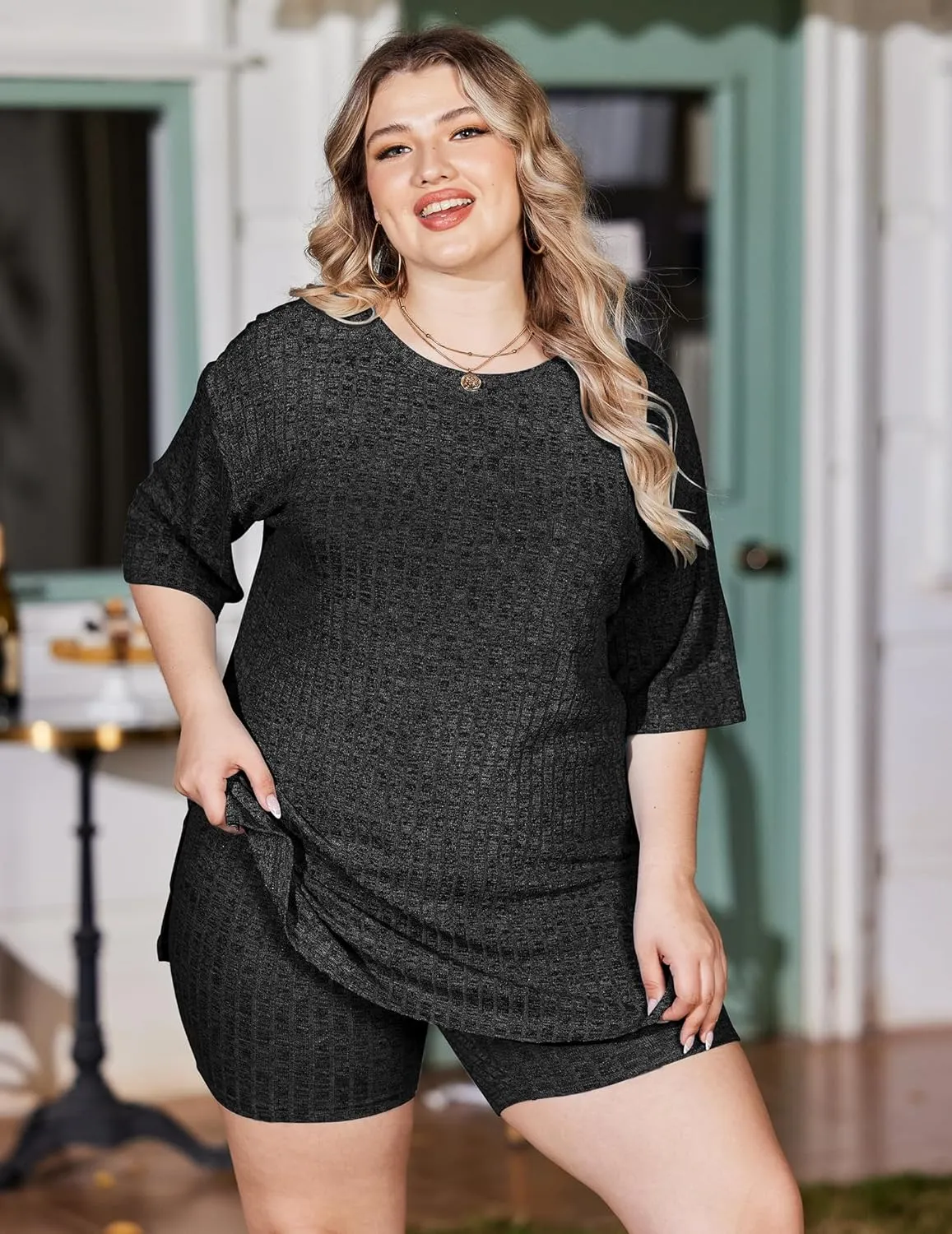 IN'VOLAND Women's Plus Size 2 Piece Tracksuit Outfits Sets Ribbed Knit Sets Short Sleeve Top Drawstring Casual Shorts Set