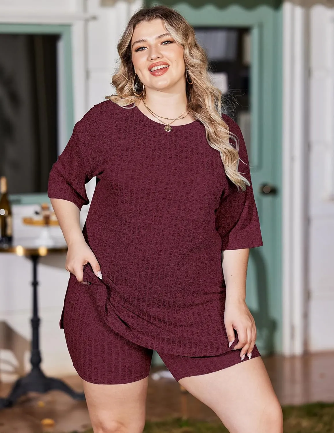 IN'VOLAND Women's Plus Size 2 Piece Tracksuit Outfits Sets Ribbed Knit Sets Short Sleeve Top Drawstring Casual Shorts Set
