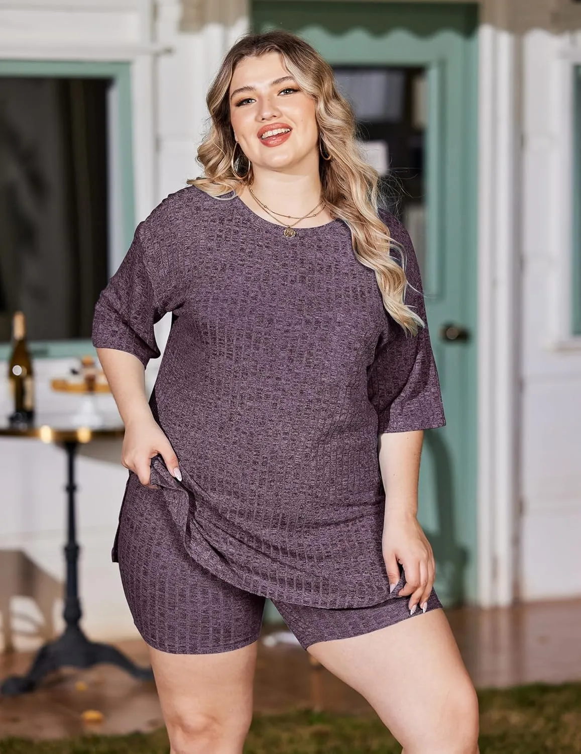 IN'VOLAND Women's Plus Size 2 Piece Tracksuit Outfits Sets Ribbed Knit Sets Short Sleeve Top Drawstring Casual Shorts Set