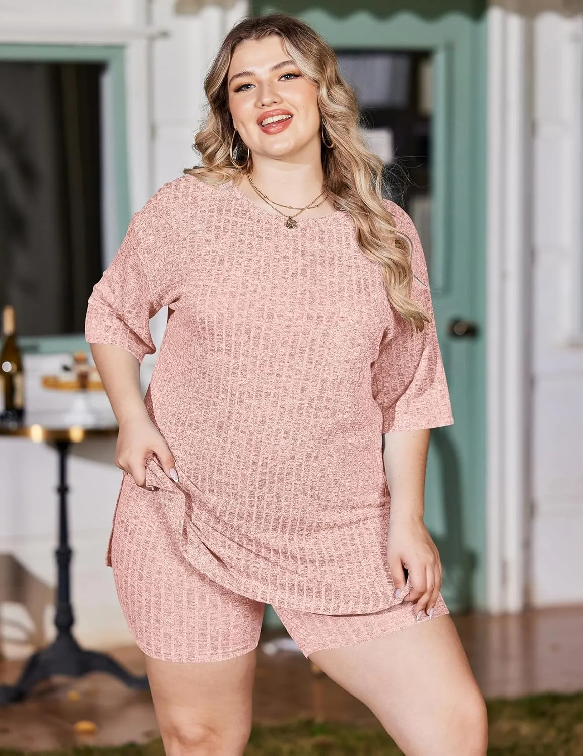 IN'VOLAND Women's Plus Size 2 Piece Tracksuit Outfits Sets Ribbed Knit Sets Short Sleeve Top Drawstring Casual Shorts Set