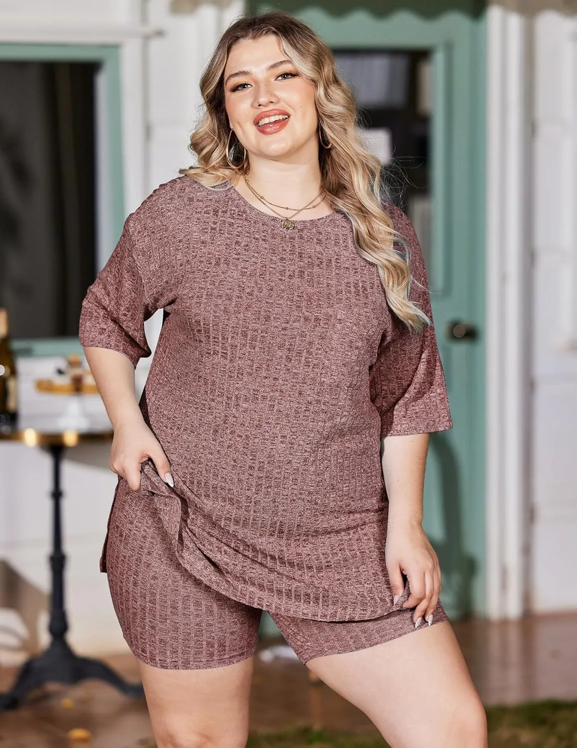IN'VOLAND Women's Plus Size 2 Piece Tracksuit Outfits Sets Ribbed Knit Sets Short Sleeve Top Drawstring Casual Shorts Set