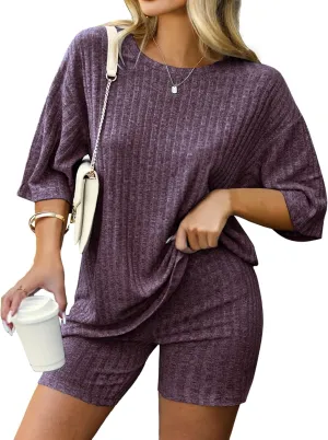 IN'VOLAND Women's Plus Size 2 Piece Tracksuit Outfits Sets Ribbed Knit Sets Short Sleeve Top Drawstring Casual Shorts Set