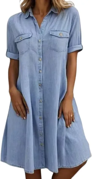 Jean Dresses for Women Short Sleeve V Neck Tunic Jean Midi Dress Button Down Casual Shift Dress Vintage Y2K Dresses
