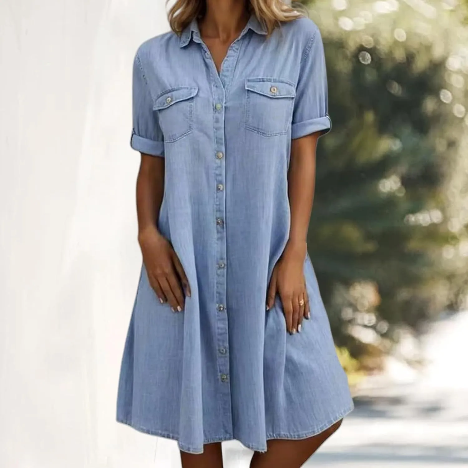 Jean Dresses for Women Short Sleeve V Neck Tunic Jean Midi Dress Button Down Casual Shift Dress Vintage Y2K Dresses