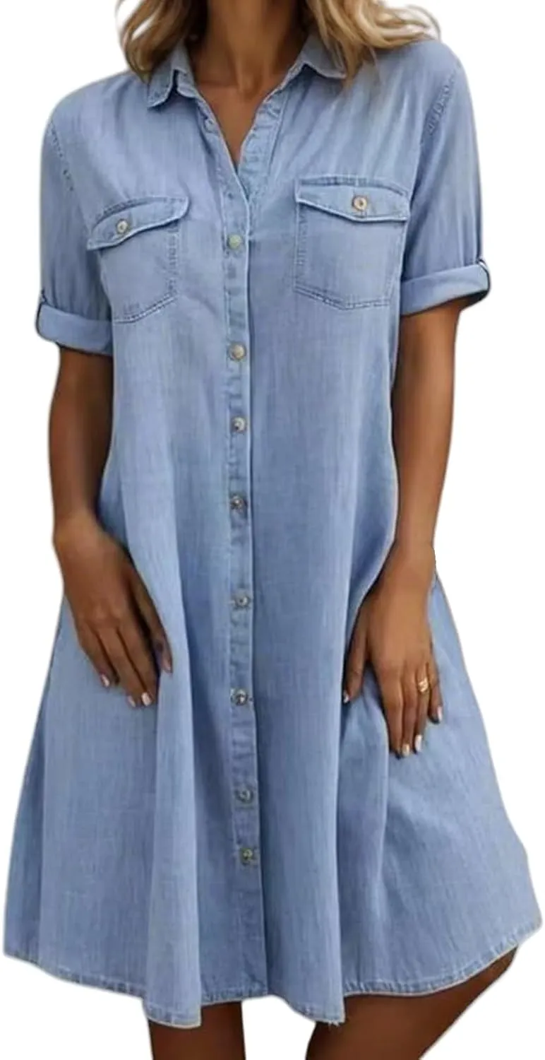 Jean Dresses for Women Short Sleeve V Neck Tunic Jean Midi Dress Button Down Casual Shift Dress Vintage Y2K Dresses