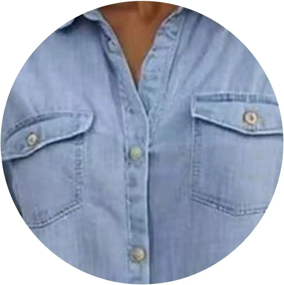 Jean Dresses for Women Short Sleeve V Neck Tunic Jean Midi Dress Button Down Casual Shift Dress Vintage Y2K Dresses