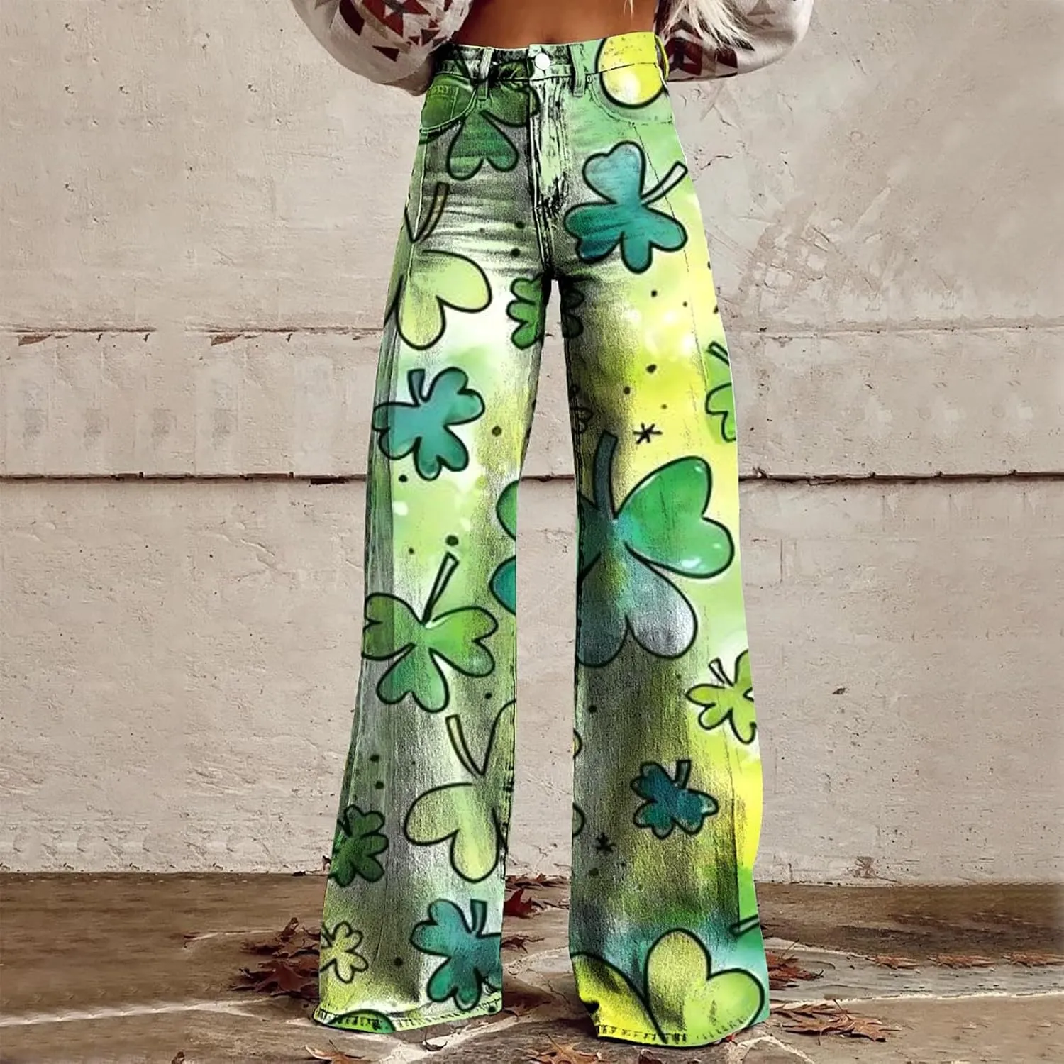 Jeans for Women Wide Leg Baggy Prints Vintage St Patrick's Day Pant High Waisted Straight Stretch Pants with Pockets