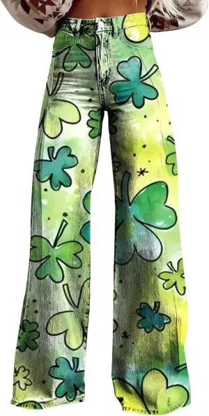 Jeans for Women Wide Leg Baggy Prints Vintage St Patrick's Day Pant High Waisted Straight Stretch Pants with Pockets