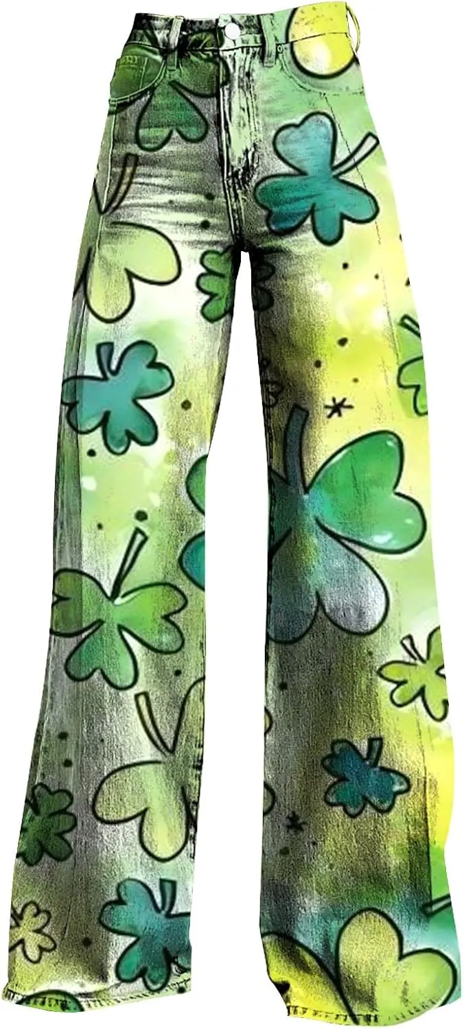 Jeans for Women Wide Leg Baggy Prints Vintage St Patrick's Day Pant High Waisted Straight Stretch Pants with Pockets