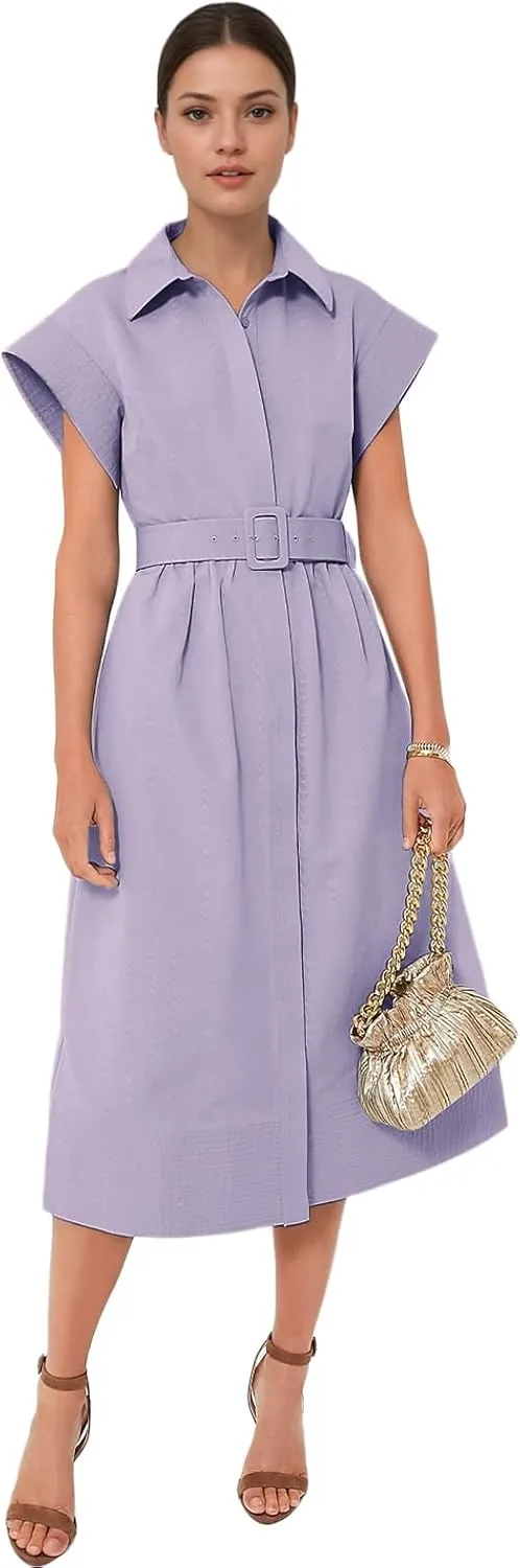 Jenkoon Women's Turn Down Collar Shirt Dress with Belt Short Sleeve Shell Trench Coat Formal Dresses