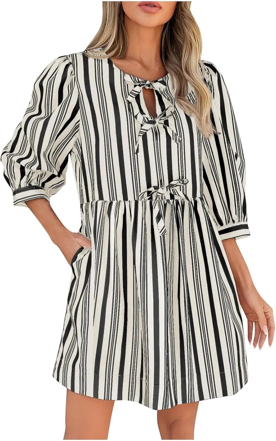 JOAU Babydoll Dresses for Women 2025 Summer Casual Bow Tie Striped Dress 3/4 Sleeve Loose Flowy Mini Dresses with Pockets