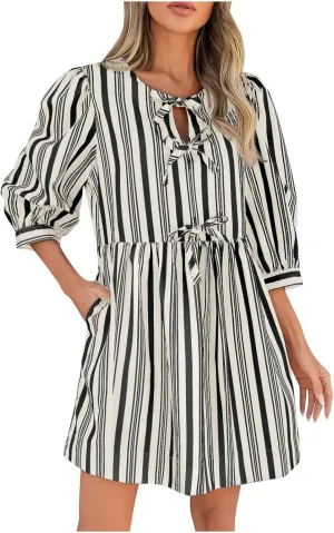 JOAU Babydoll Dresses for Women 2025 Summer Casual Bow Tie Striped Dress 3/4 Sleeve Loose Flowy Mini Dresses with Pockets