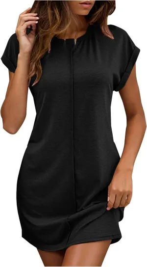 JOAU Summer Dresses for Women 2025 Loose Crew Neck Rolled Short Sleeve Casual T Shirt Dress Sleepwear Beach Swimsuit Cover Up