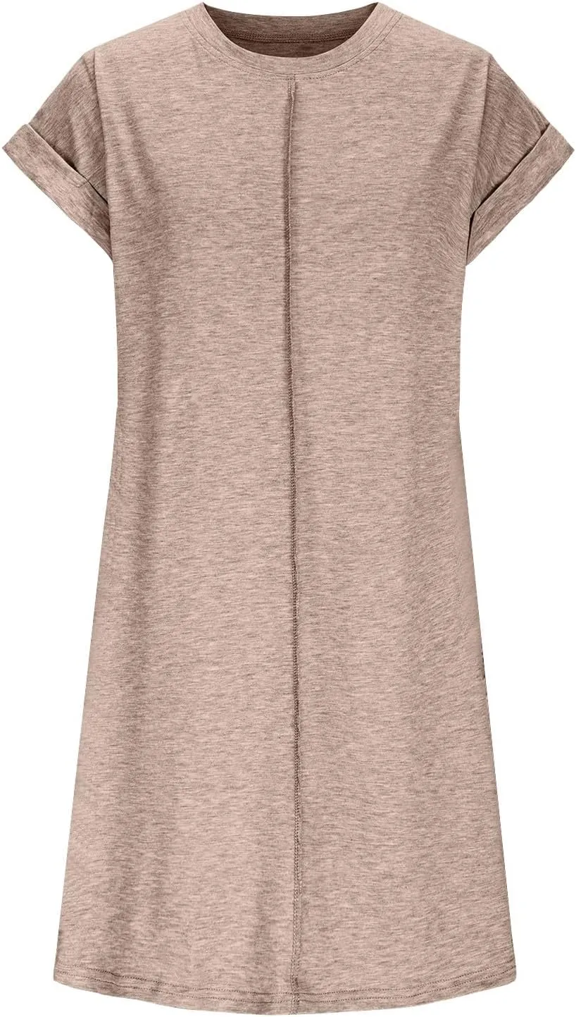 JOAU Summer Dresses for Women 2025 Loose Crew Neck Rolled Short Sleeve Casual T Shirt Dress Sleepwear Beach Swimsuit Cover Up