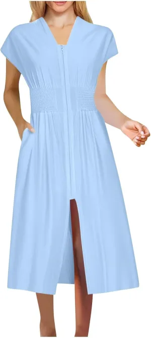 JOAU Womens Summer Casual V Neck Cap Sleeve Dress Smocked Elastic Waist Zipper Front Flowy Pleated Midi Dresses with Pockets
