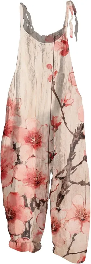Jumpsuit for Women 2024 Casual Floral Print Cotton Linen Overalls Dressy Vintage Cute Comfy Loose Jumper Workwear