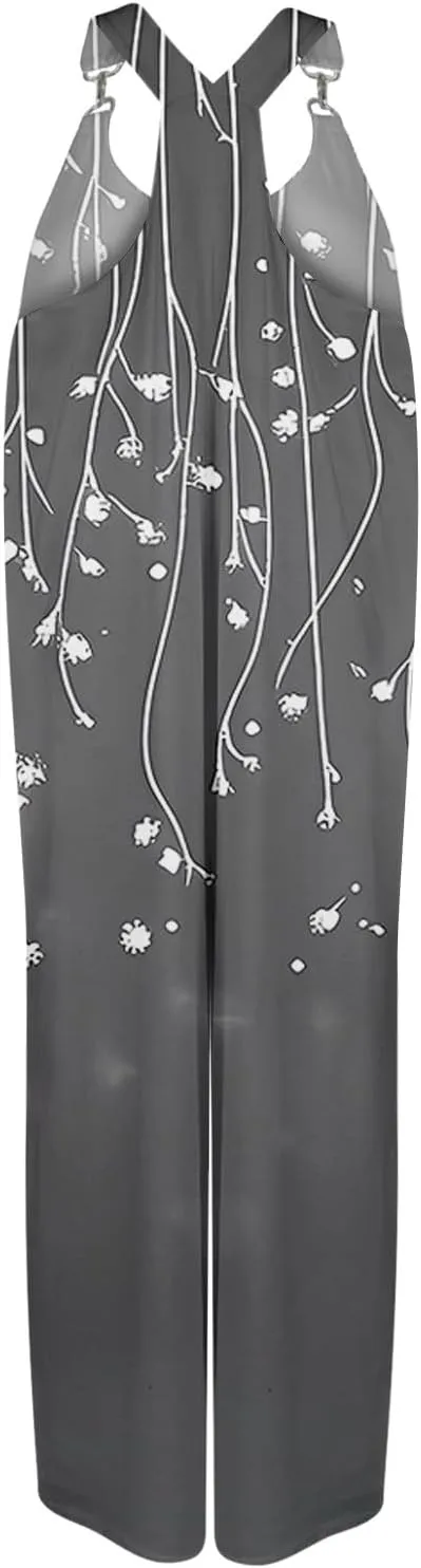 Jumpsuits for Women Casual Crewneck Sleeveless Baggy Overalls Boho Floral Prints Beach Summer Romper with Pockets