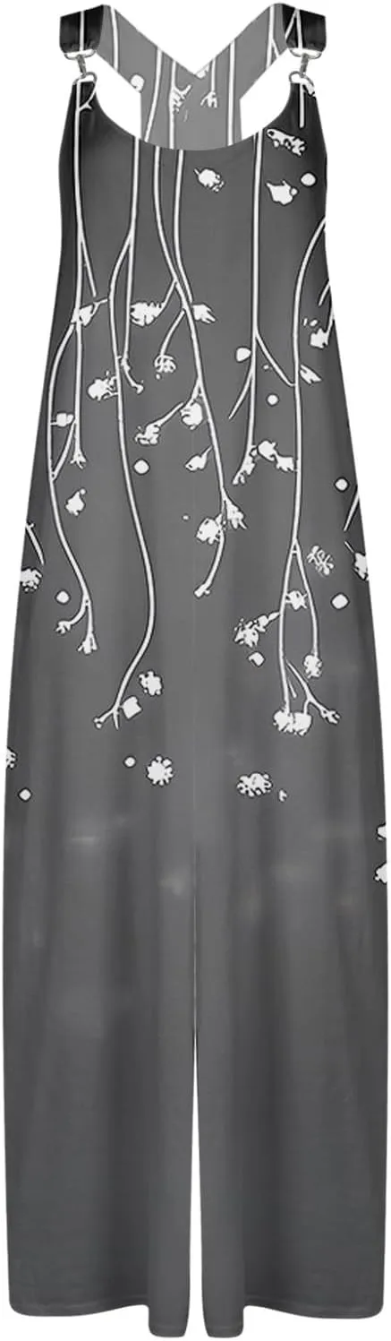Jumpsuits for Women Casual Crewneck Sleeveless Baggy Overalls Boho Floral Prints Beach Summer Romper with Pockets