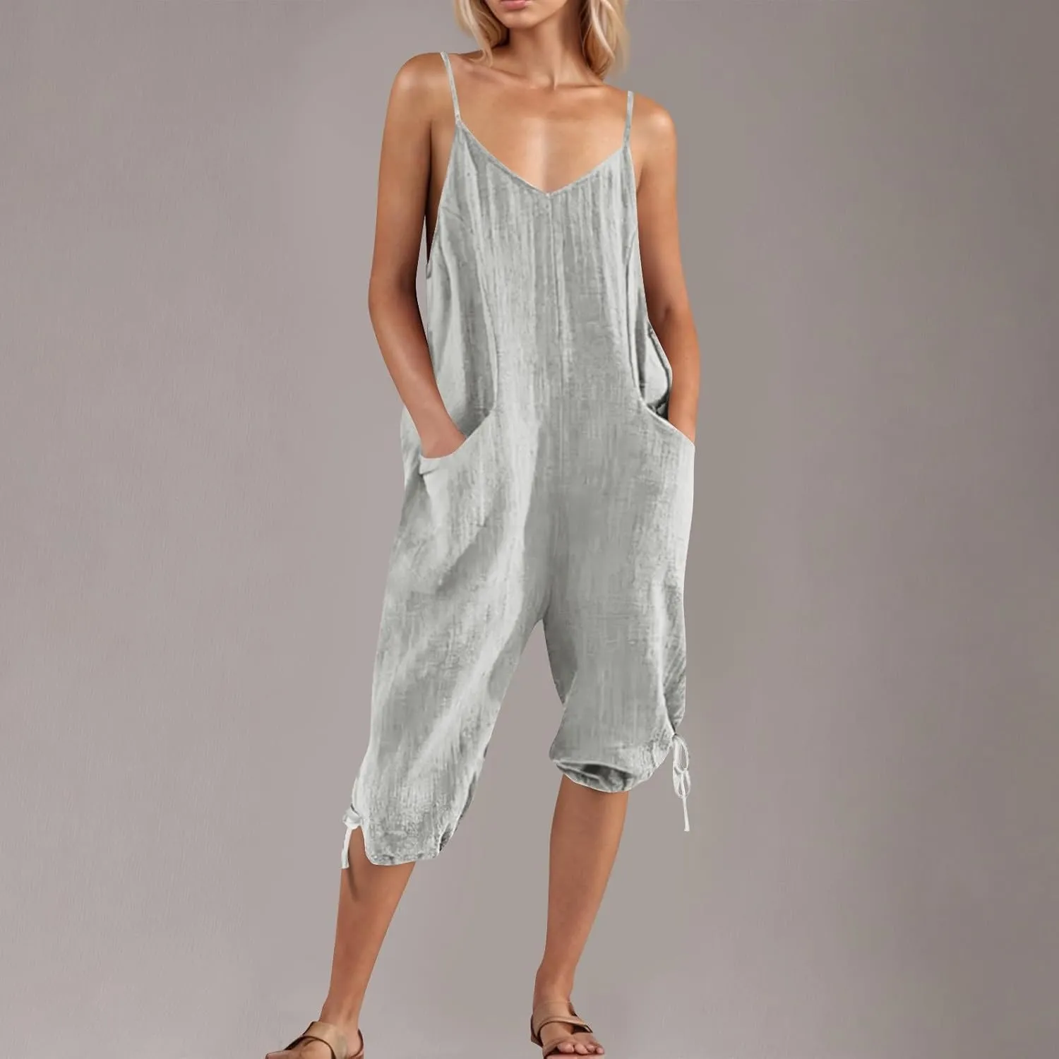 Jumpsuits For Women Summer Sexy Spaghetti Strap V Neck Romper Baggy Sleeveless Overalls Travel Beach Outfits With Pockets