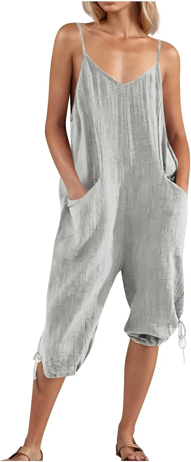 Jumpsuits For Women Summer Sexy Spaghetti Strap V Neck Romper Baggy Sleeveless Overalls Travel Beach Outfits With Pockets