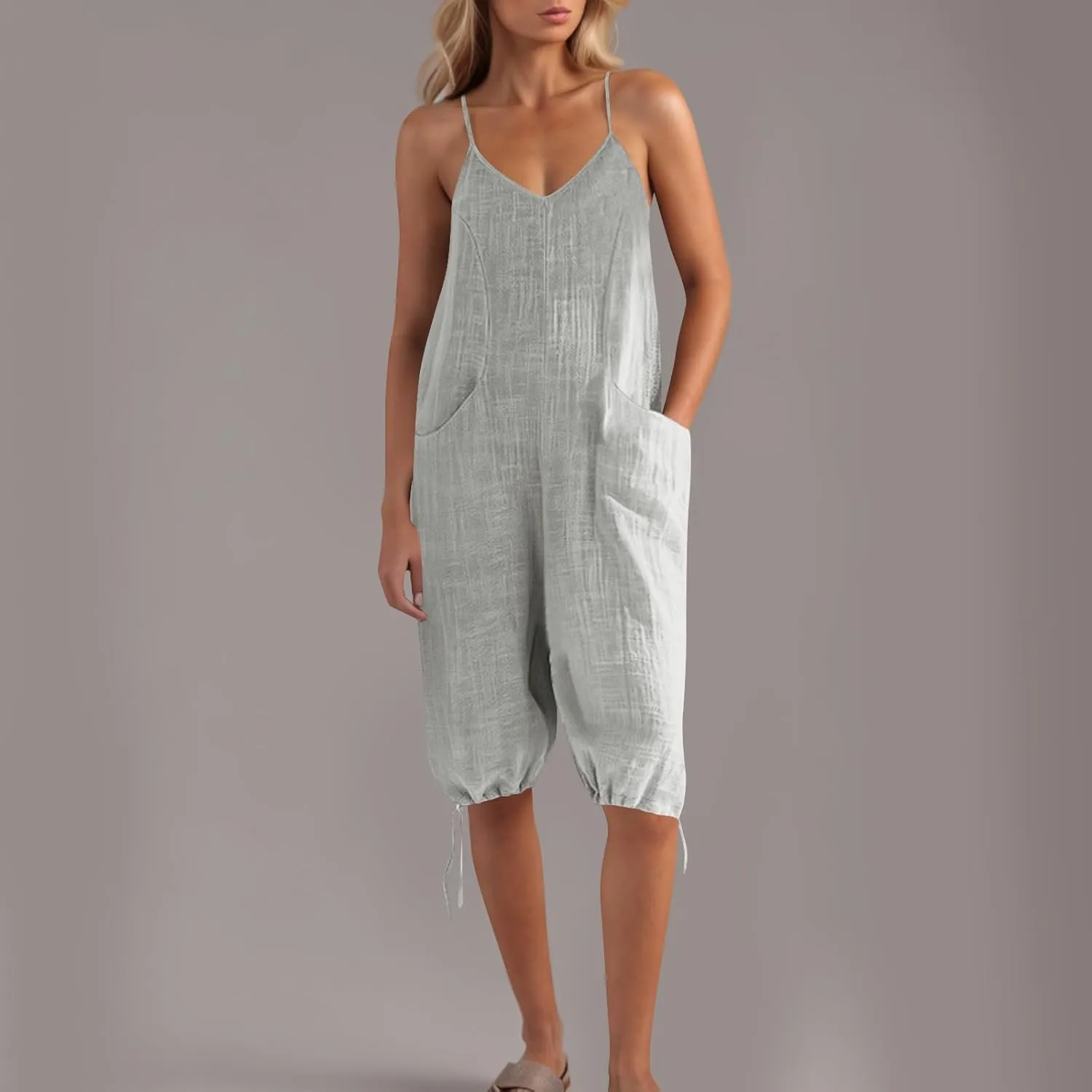 Jumpsuits For Women Summer Sexy Spaghetti Strap V Neck Romper Baggy Sleeveless Overalls Travel Beach Outfits With Pockets