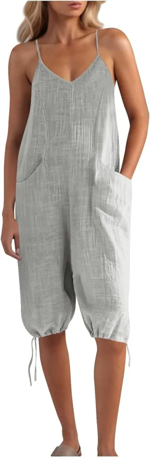 Jumpsuits For Women Summer Sexy Spaghetti Strap V Neck Romper Baggy Sleeveless Overalls Travel Beach Outfits With Pockets