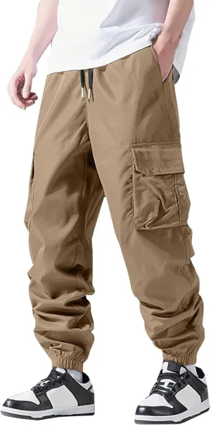 Kaniem Mens Color Patchwork Cargo Pants with Multi Pockets Casual Elasticated Waist Cargo Trousers Street Hipster Ninth Pants
