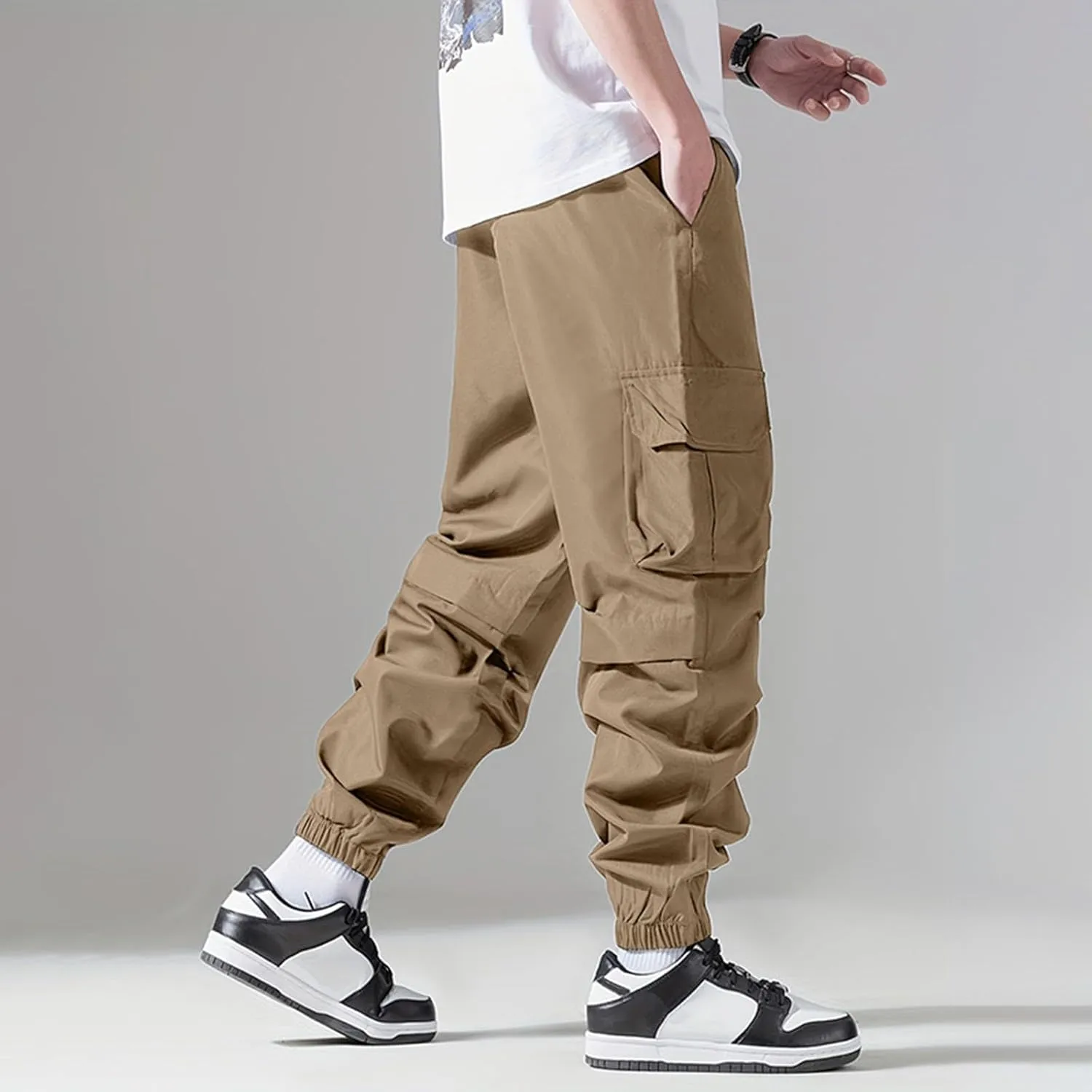 Kaniem Mens Color Patchwork Cargo Pants with Multi Pockets Casual Elasticated Waist Cargo Trousers Street Hipster Ninth Pants