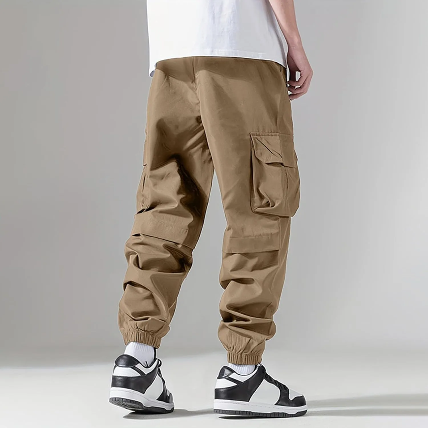 Kaniem Mens Color Patchwork Cargo Pants with Multi Pockets Casual Elasticated Waist Cargo Trousers Street Hipster Ninth Pants