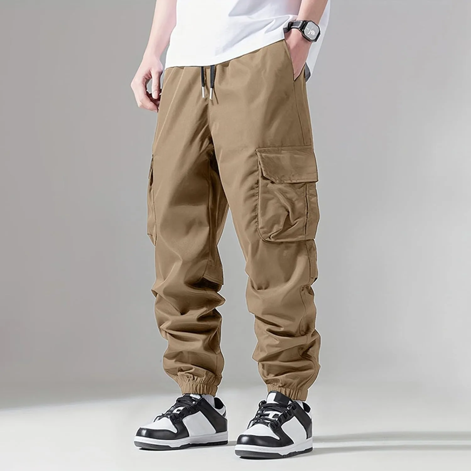 Kaniem Mens Color Patchwork Cargo Pants with Multi Pockets Casual Elasticated Waist Cargo Trousers Street Hipster Ninth Pants