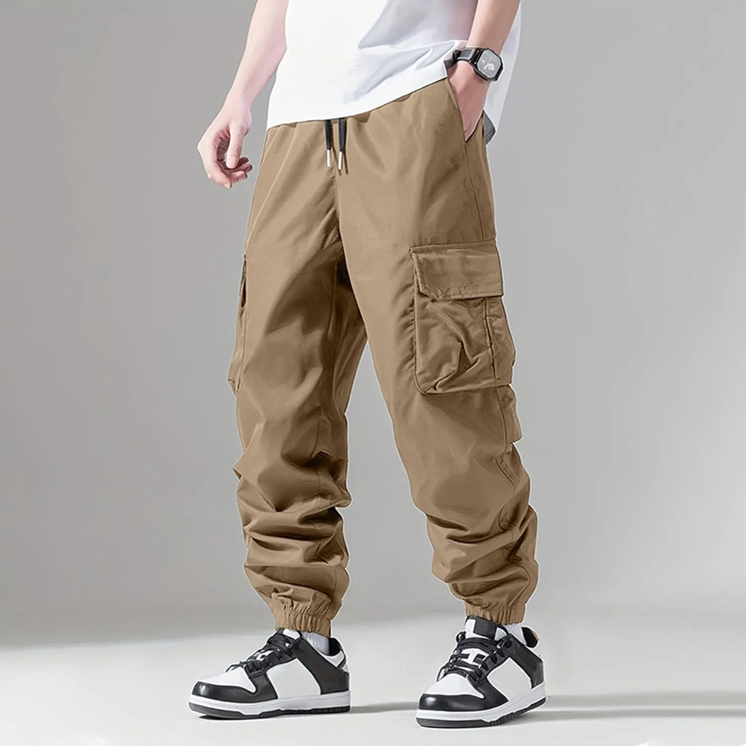 Kaniem Mens Color Patchwork Cargo Pants with Multi Pockets Casual Elasticated Waist Cargo Trousers Street Hipster Ninth Pants