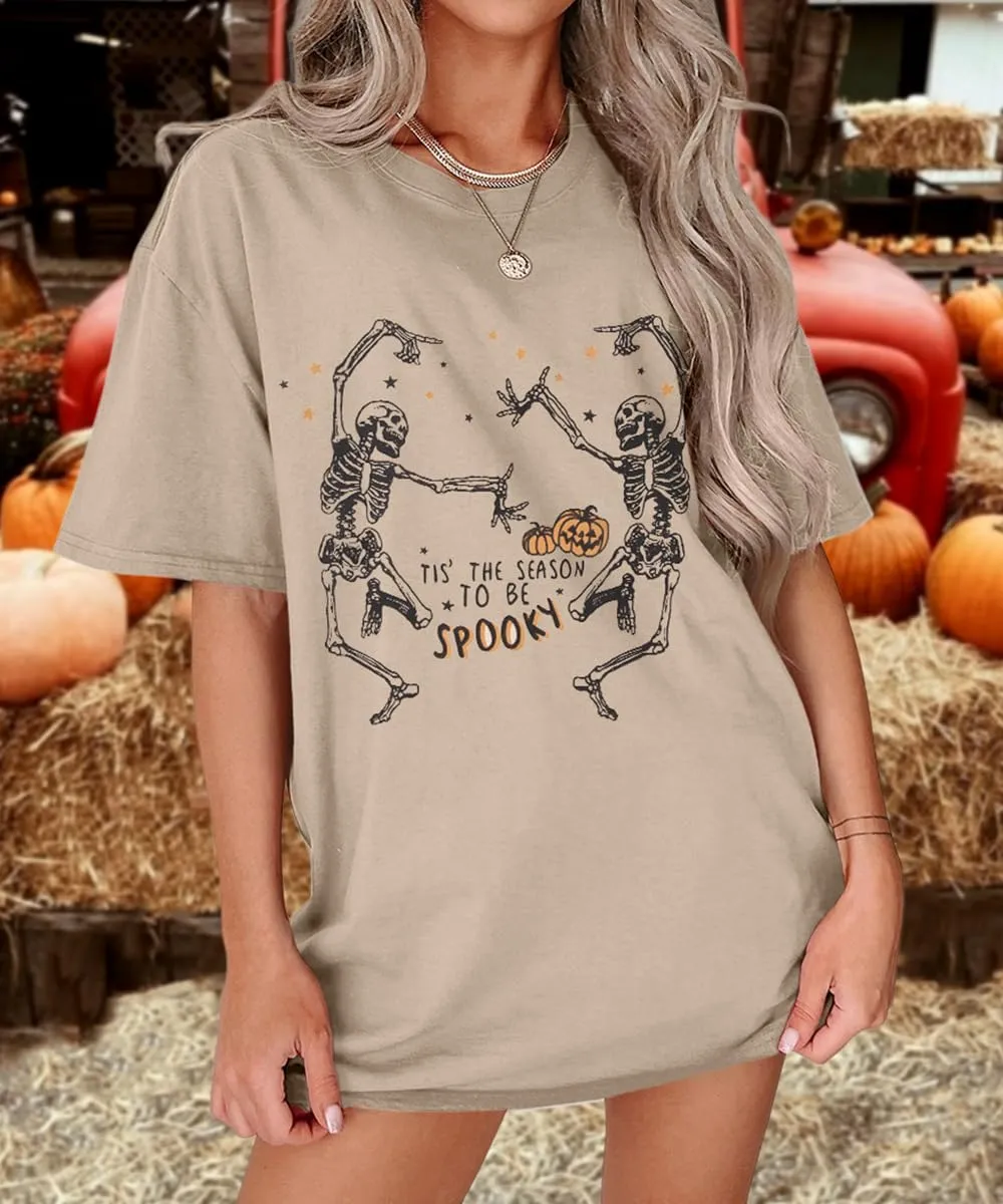KEKEMI Halloween Dancing Skeleton Tshirts for Women Tis The Season to Be Spooky Shirt Horror Skull Printed Oversized Tee Tops