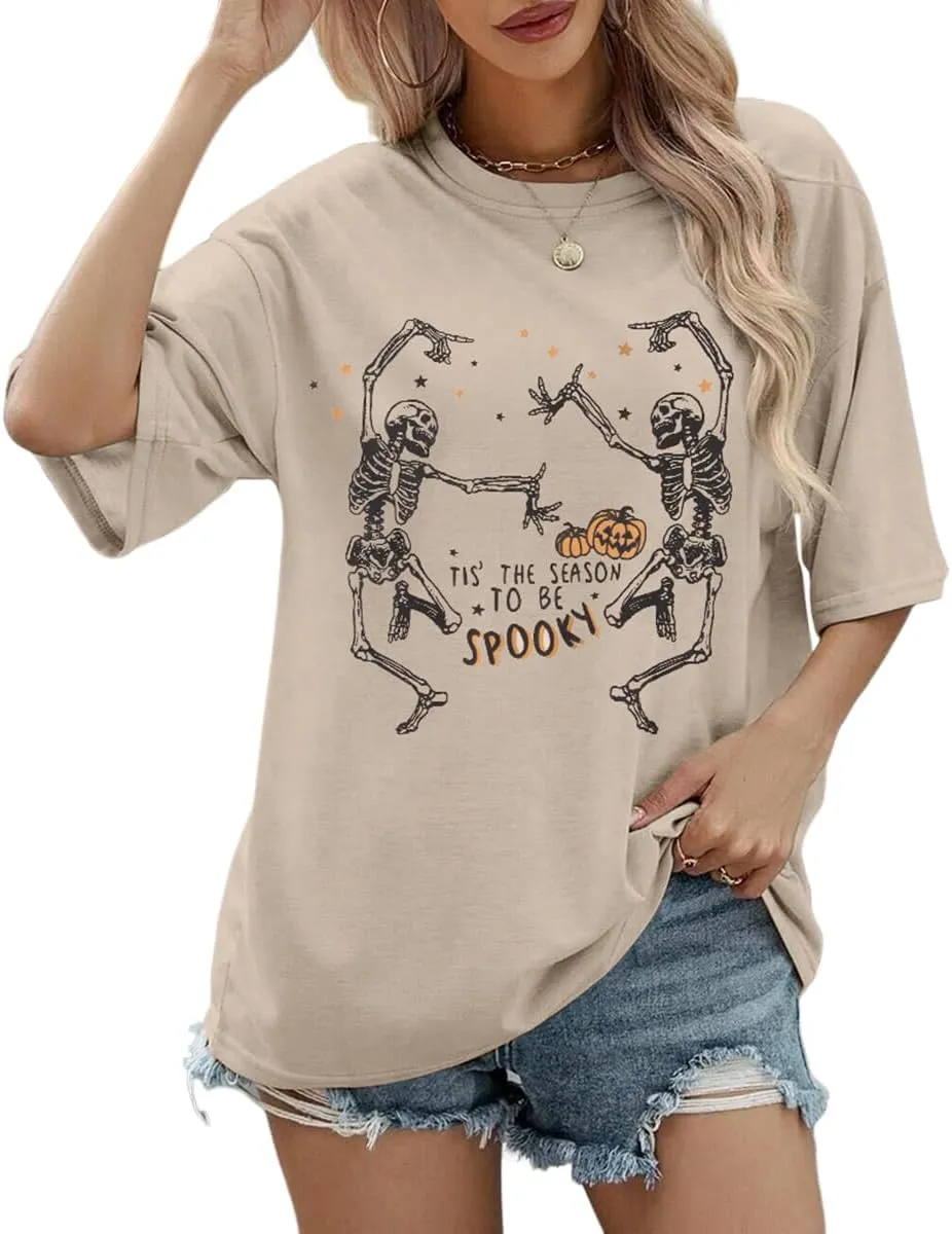 KEKEMI Halloween Dancing Skeleton Tshirts for Women Tis The Season to Be Spooky Shirt Horror Skull Printed Oversized Tee Tops